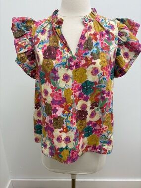 THML Bright Floral Flutter Sleeve V-Neck Blouse